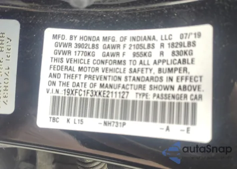 2019 Honda Civic Ex z USA, uszkodzony, nr VIN 19XFC1F3XKE211127